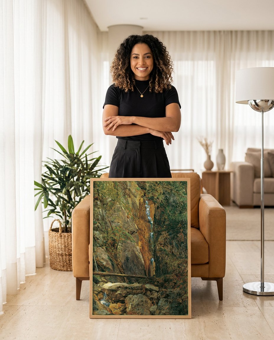 Quadro Decorativo A Cachoeira - Ferdinand Georg Waldmüller com modelo em ambiente