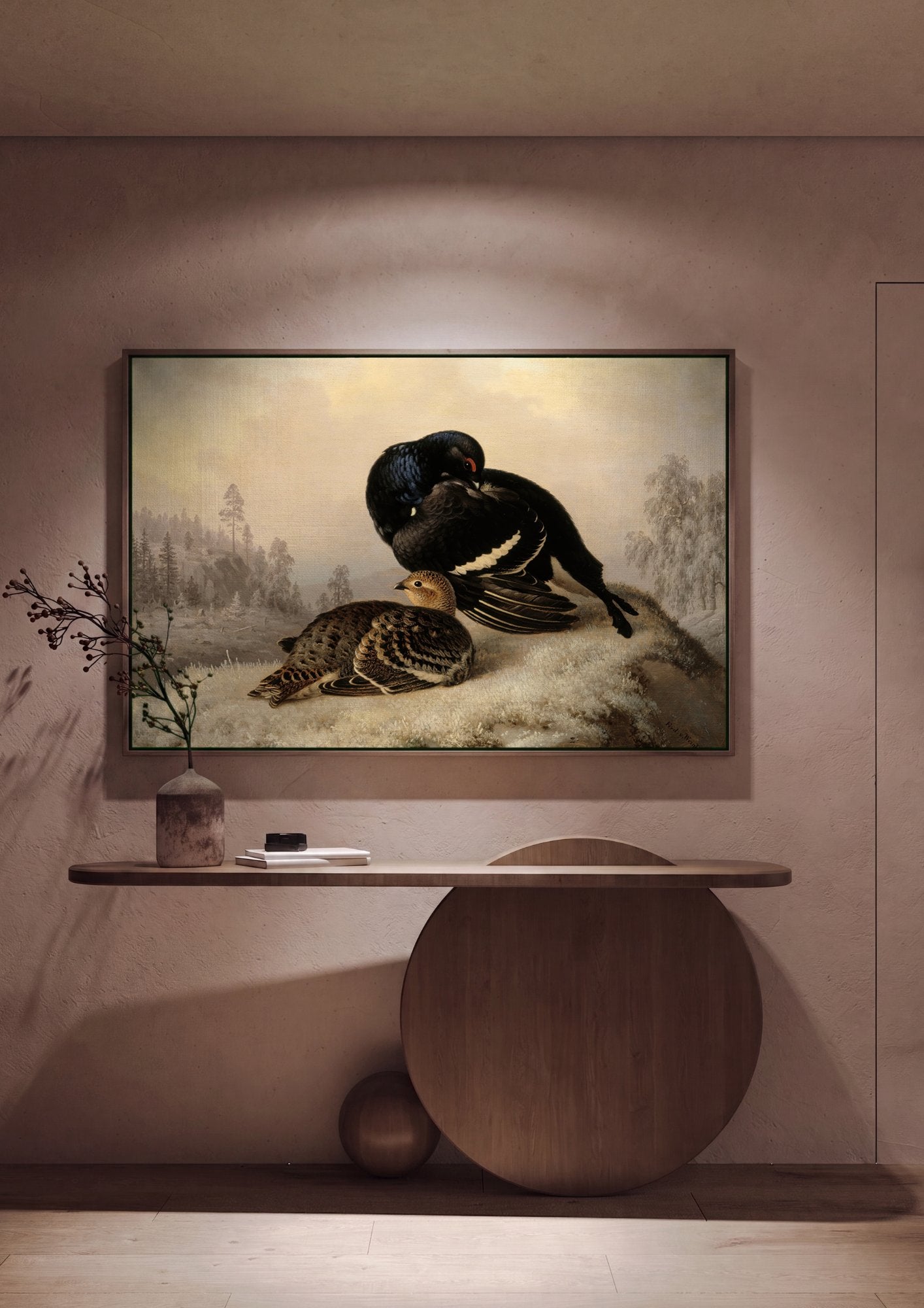 Quadro Decorativo Aves na Neve - Ferdinand von Wright em ambiente decorado