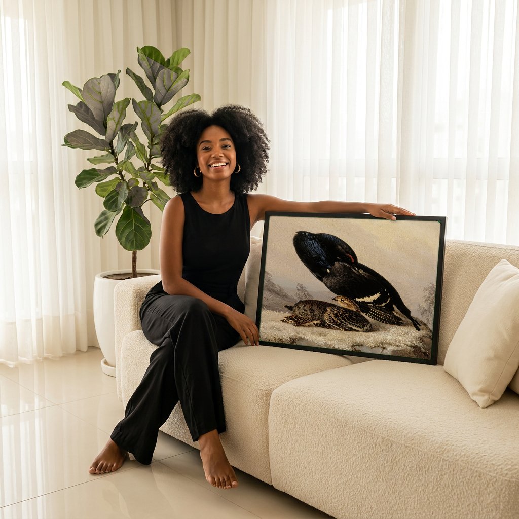 Quadro Decorativo Aves na Neve - Ferdinand von Wright com modelo em ambiente