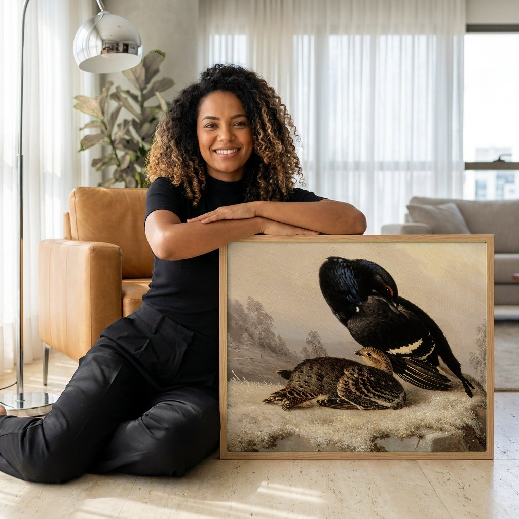 Quadro Decorativo Aves na Neve - Ferdinand von Wright com modelo em ambiente
