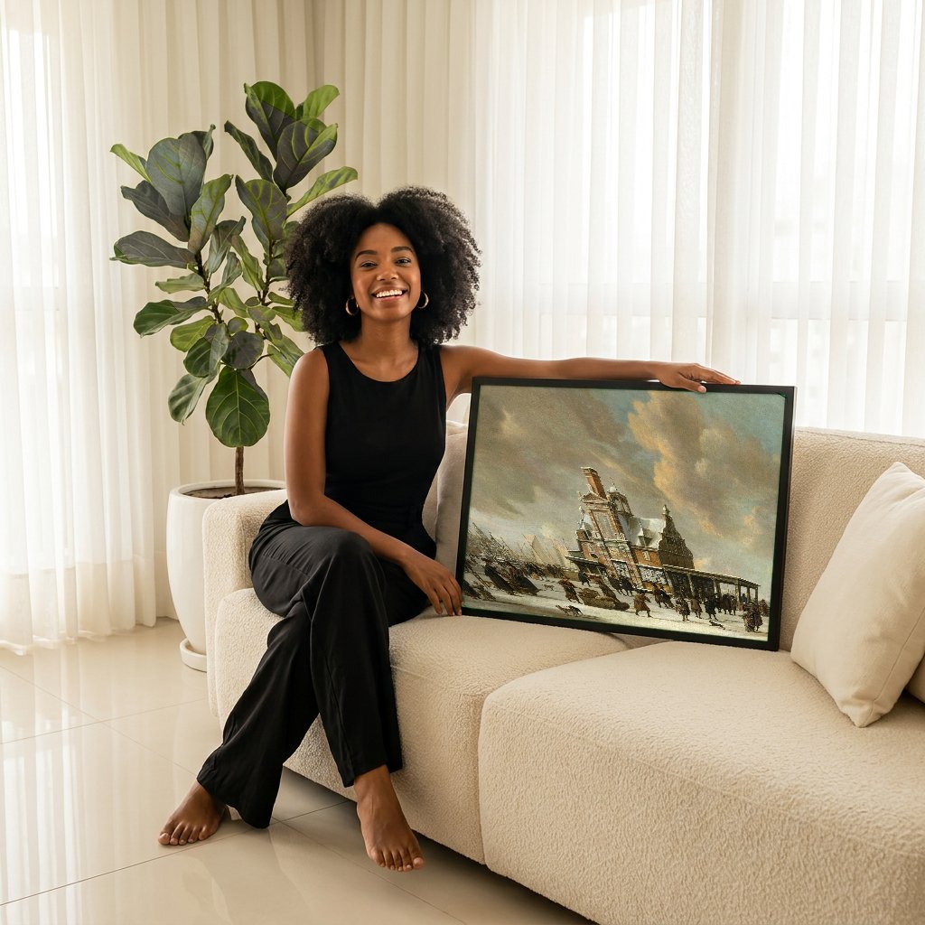 Quadro Decorativo Cena de Inverno Holandesa - Beerstraaten com modelo em ambiente