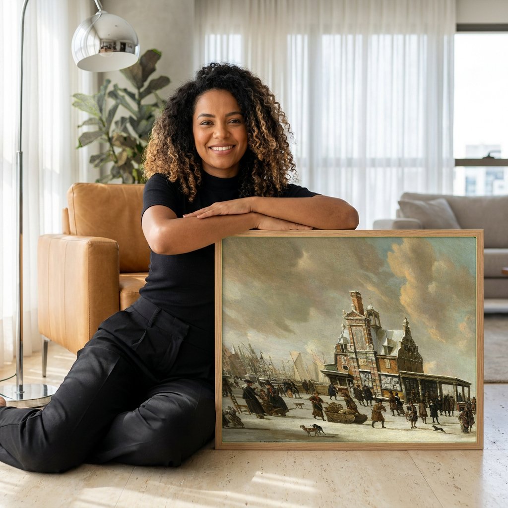 Quadro Decorativo Cena de Inverno Holandesa - Beerstraaten com modelo em ambiente