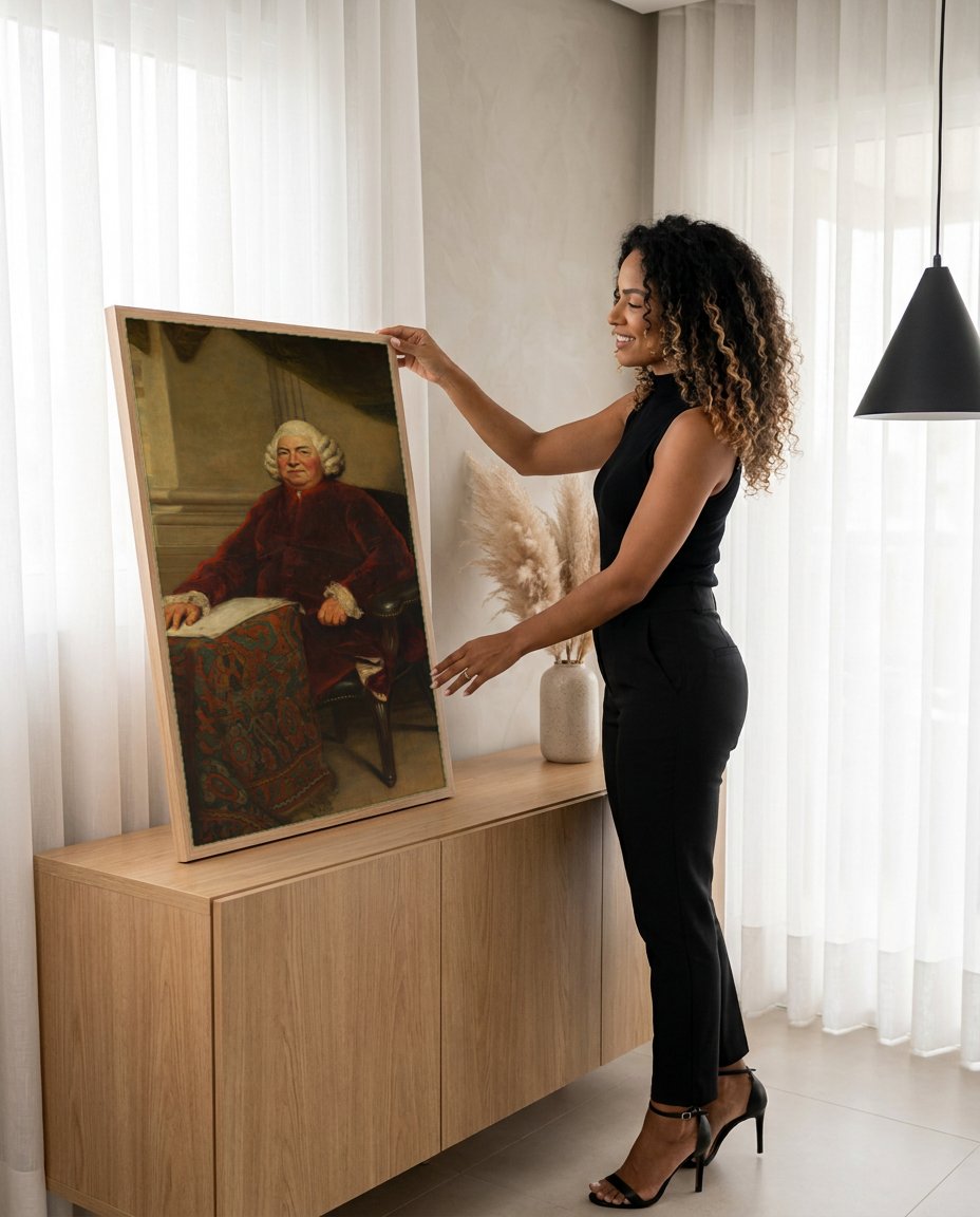 Quadro Decorativo Retrato de George Handel - Sir Joshua Reynolds com modelo em ambiente