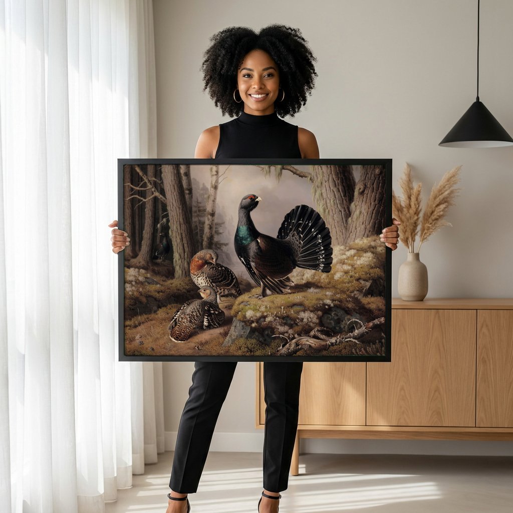 Quadro Decorativo Capercaillie - Ferdinand von Wright com modelo em ambiente