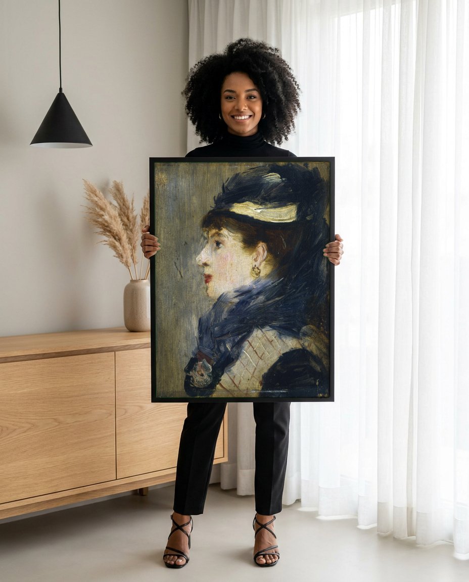 Quadro Decorativo Mulher com Chapeu - Manet com modelo em ambiente