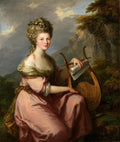 Retrato de uma mulher jovem sentada, com um vestido rosa e detalhes dourados, segurando uma lira e uma partitura. Ao fundo, uma paisagem montanhosa com cachoeira e céu claro. A mulher tem cabelos claros adornados com flores e um olhar sereno. Atribui-se a Angelica Kauffmann.