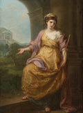 Pintura de Angelica Kauffmann, 'A Sibila', representando uma figura feminina com vestes clássicas, manto roxo e dourado, sentada em um cenário arquitetônico com uma paisagem ao fundo, com a mão estendida em um gesto convidativo.