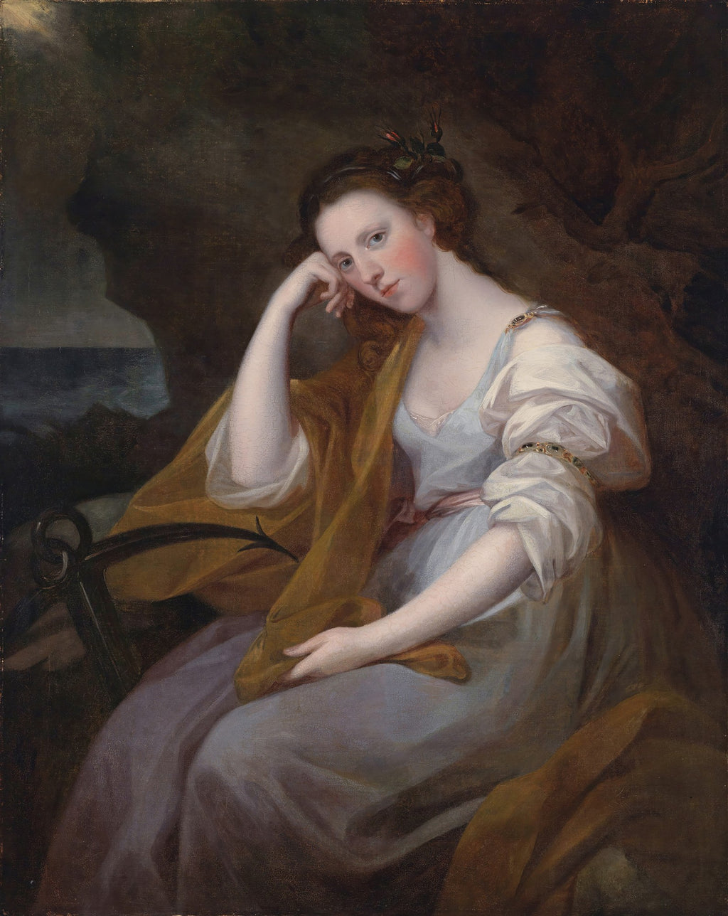 Quadro decorativo com retrato de mulher sentada, com expressão pensativa e melancólica, mão no rosto. Ao fundo, mar e céu escuro, em estilo clássico. Obra de Angelica Kauffmann.