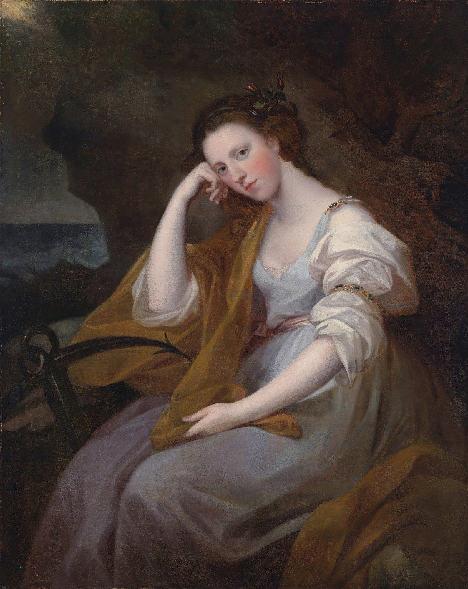 Quadro decorativo com retrato de mulher sentada, com expressão pensativa e melancólica, mão no rosto. Ao fundo, mar e céu escuro, em estilo clássico. Obra de Angelica Kauffmann.
