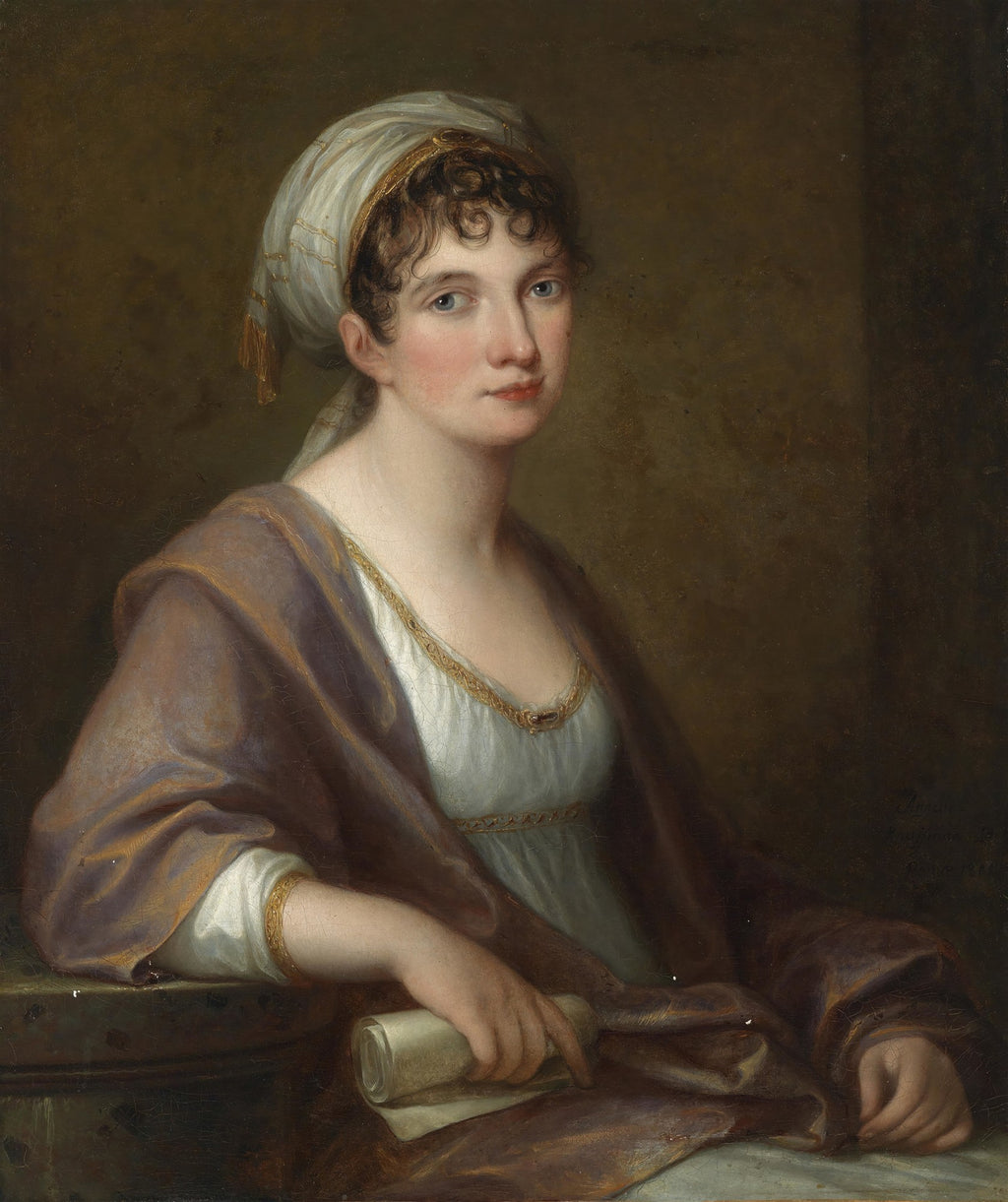 Quadro decorativo com retrato de mulher jovem de cabelos cacheados escuros e olhos azuis, vestindo um turbante claro e um manto lilás sobre um vestido branco, segurando um rolo de papel.