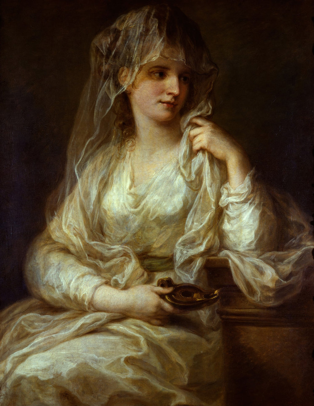 Retrato de uma mulher vestida de branco, com um véu translúcido cobrindo a cabeça, segurando uma lâmpada antiga, em uma pintura no estilo de Angelica Kauffmann. A mulher tem uma expressão pensativa e serena.