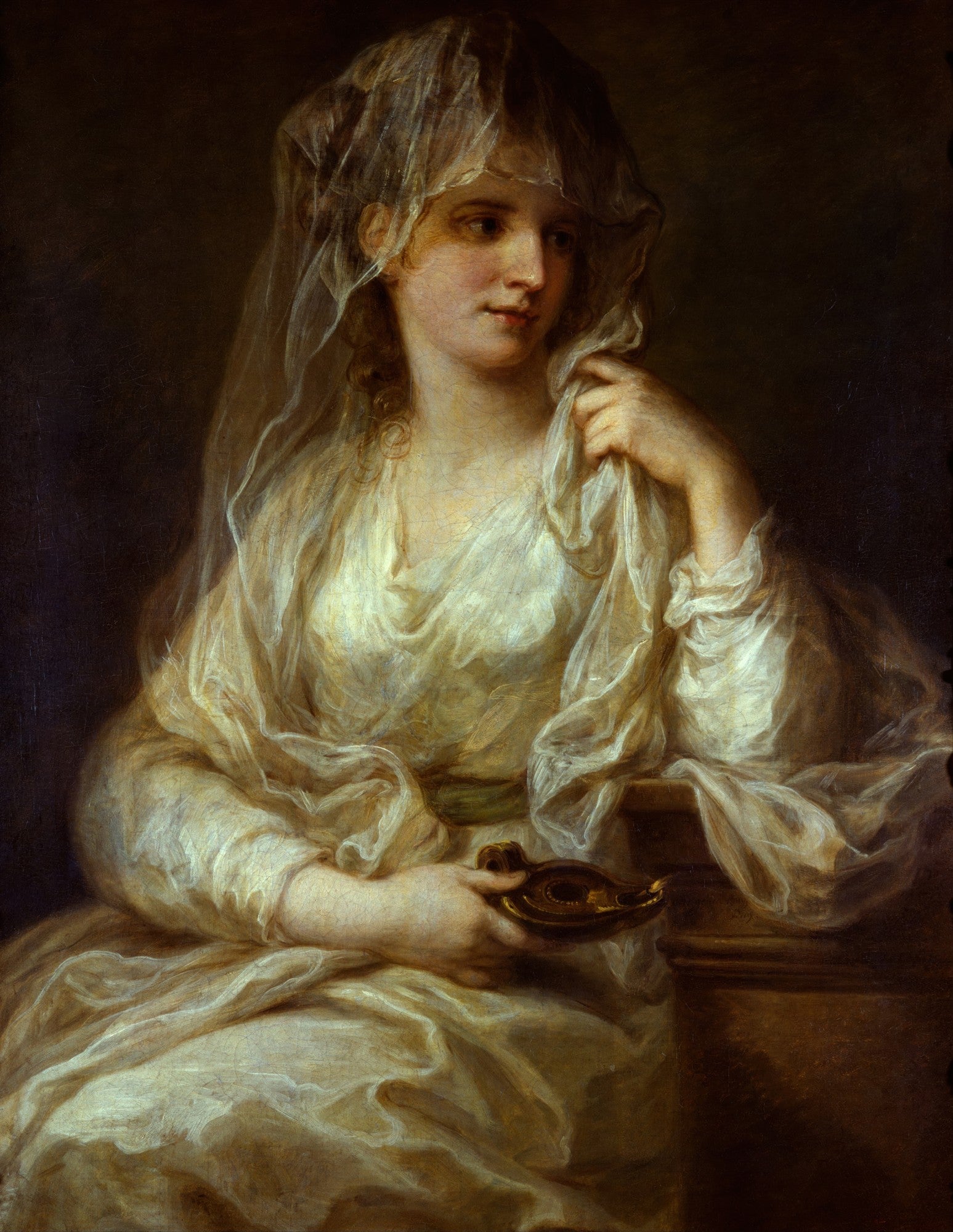 Retrato de uma mulher vestida de branco, com um véu translúcido cobrindo a cabeça, segurando uma lâmpada antiga, em uma pintura no estilo de Angelica Kauffmann. A mulher tem uma expressão pensativa e serena.