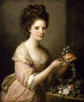 Retrato de uma jovem dama com vestido rosa, cabelo cacheado, fazendo uma guirlanda de flores sobre uma mesa, pintura de Angelica Kauffmann
