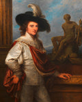 Quadro decorativo com retrato de um cavalheiro jovem, usando chapéu emplumado e vestes brancas e vermelhas, com uma estátua clássica ao fundo, atribuído a Angelica Kauffmann.