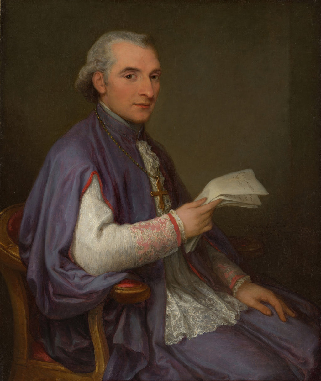 Retrato de um homem de meia-idade, com peruca grisalha e vestes clericais roxas, segurando papéis e olhando para o espectador. Atribuído a Angelica Kauffmann.