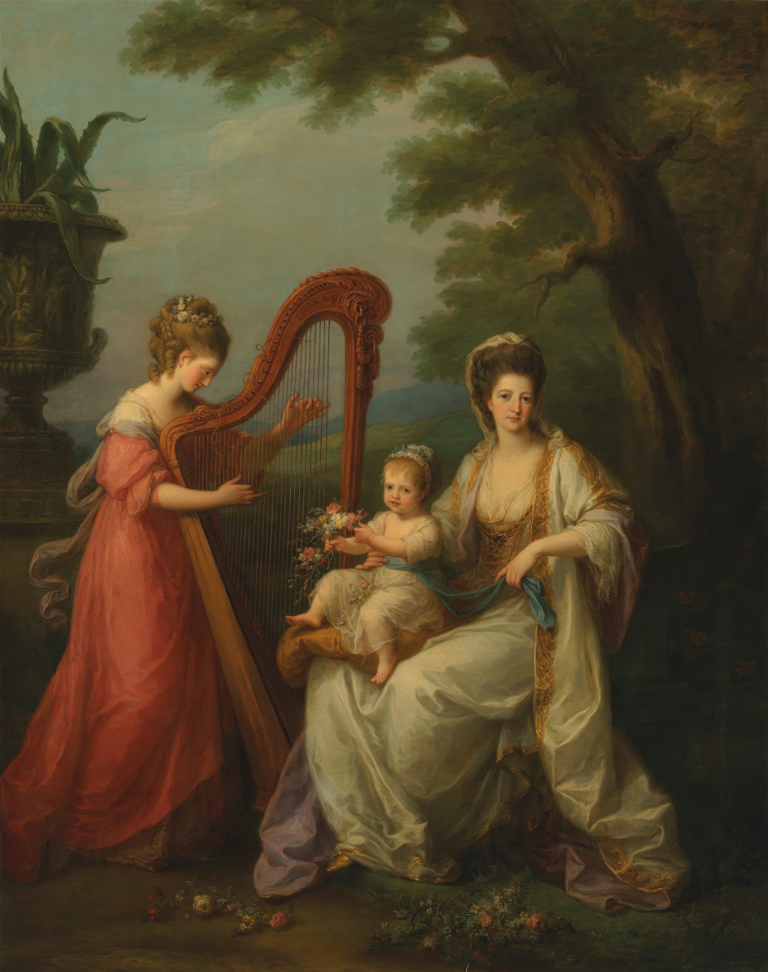 Pintura clássica de Angelica Kauffmann, retratando uma mulher tocando harpa para outra mulher e uma criança em um jardim, com vestes elegantes e tons pastel.