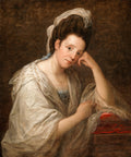 Retrato de uma senhora do século XVIII, atribuído a Angelica Kauffmann, com véu branco, colar de pérolas e vestindo seda branca, apoiando o rosto na mão pensativamente. Fundo marrom escuro.