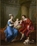 Quadro decorativo 'A Família Gandon' de Angelica Kauffmann, retratando uma família aristocrática do século XVIII. Uma mulher de vestido azul e dourado segura um bebê, enquanto um homem de roupas vermelhas e brancas interage com eles. Dois cachorros estão aos pés do homem. A cena é em um interior elegante com cortinas e pilares.