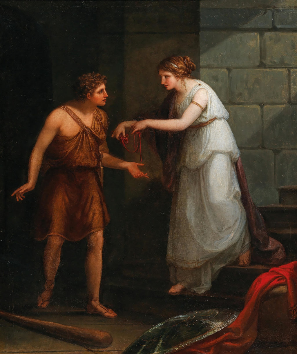 Pintura neoclássica de Angelica Kauffmann, representando Ariadne entregando um novelo de lã vermelho a Teseu, ambos em trajes clássicos, em um ambiente escuro e arquitetônico, simbolizando a ajuda para sair do labirinto.