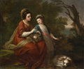Quadro decorativo com pintura de Angelica Kauffmann, 'A Mãe e a Filha', mostrando duas mulheres elegantemente vestidas em um cenário natural com um cachorro.