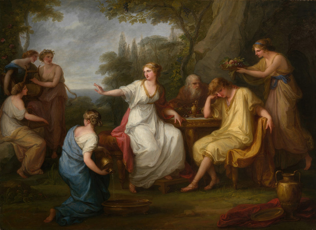 Pintura de Angelica Kauffmann, "Apolo e as Musas", representando figuras clássicas, incluindo Apolo sentado e as Musas em um cenário idílico de paisagem com árvores e colunas ao fundo.