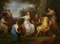 Pintura de Angelica Kauffmann, "Apolo e as Musas", representando figuras clássicas, incluindo Apolo sentado e as Musas em um cenário idílico de paisagem com árvores e colunas ao fundo.