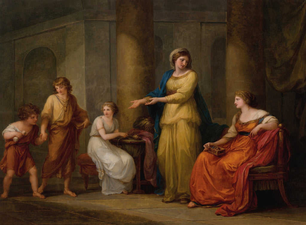 Quadro decorativo com a pintura 'A Família de Darius Antes de Alexandre' de Angelica Kauffmann, retratando figuras em vestes clássicas em um ambiente arquitetônico.