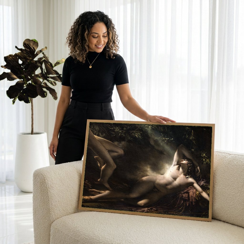 Quadro Decorativo O Sono de Endimião - Anne-Louis Girodet com modelo em ambiente