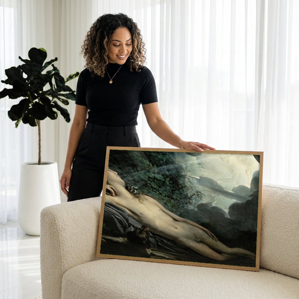 Quadro Decorativo O Sono de Endimião - Anne-Louis Girodet com modelo em ambiente