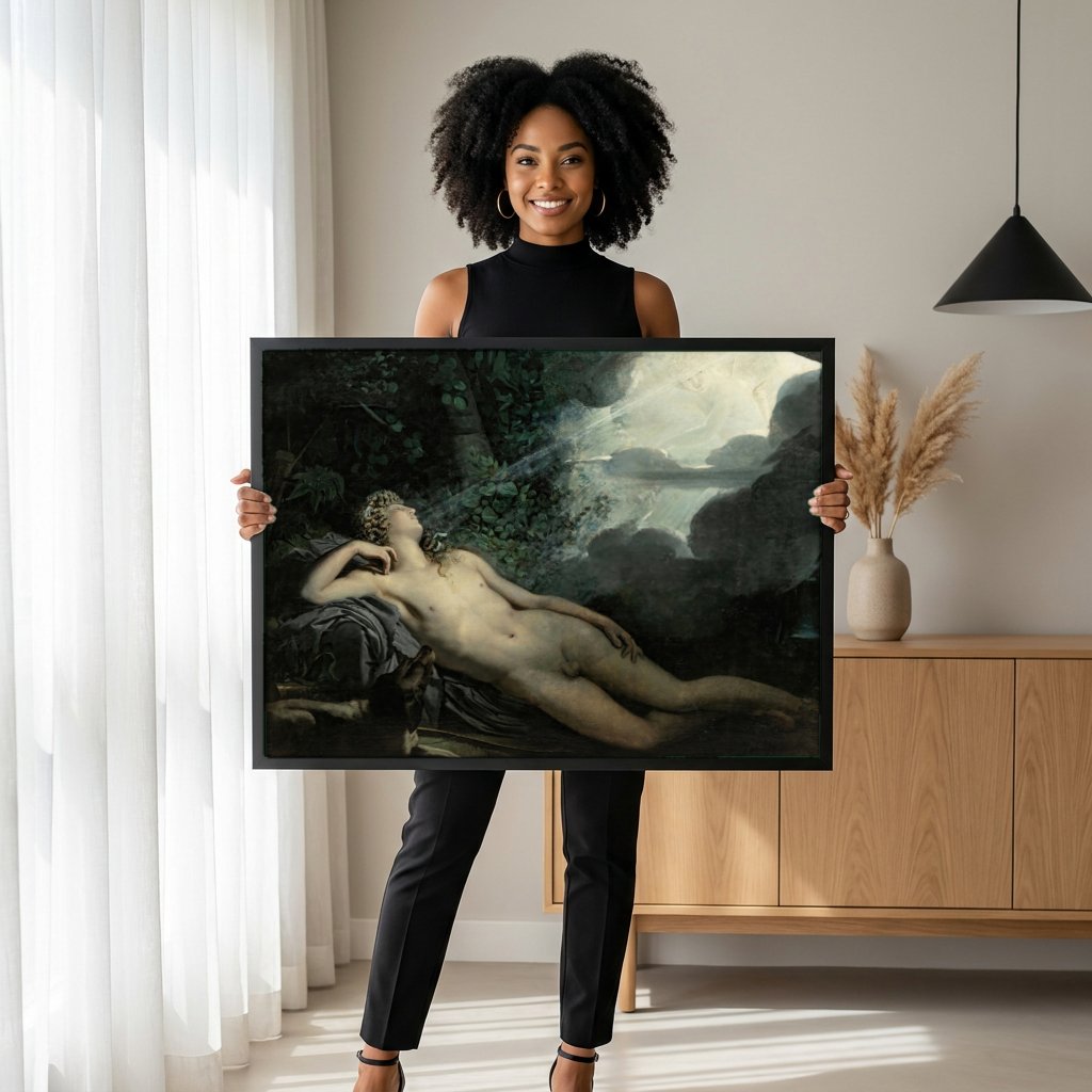 Quadro Decorativo O Sono de Endimião - Anne-Louis Girodet com modelo em ambiente