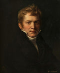 Retrato a óleo de um jovem com cabelos castanhos e ondulados, usando casaco escuro e colarinho branco alto. O fundo é escuro, com iluminação dramática focando no rosto. A assinatura '1814' e 'B de Barante' são visíveis no canto inferior.