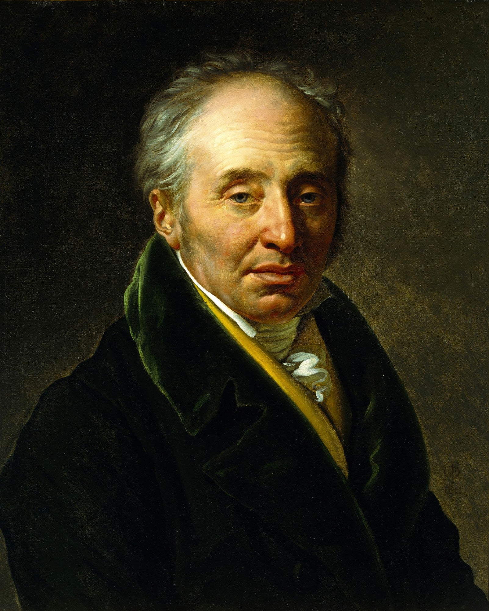 Retrato a óleo de um homem de meia-idade, com cabelos grisalhos e rosto pensativo, vestindo casaco verde escuro e camisa branca. A obra é atribuída a Anne-Louis Girodet.