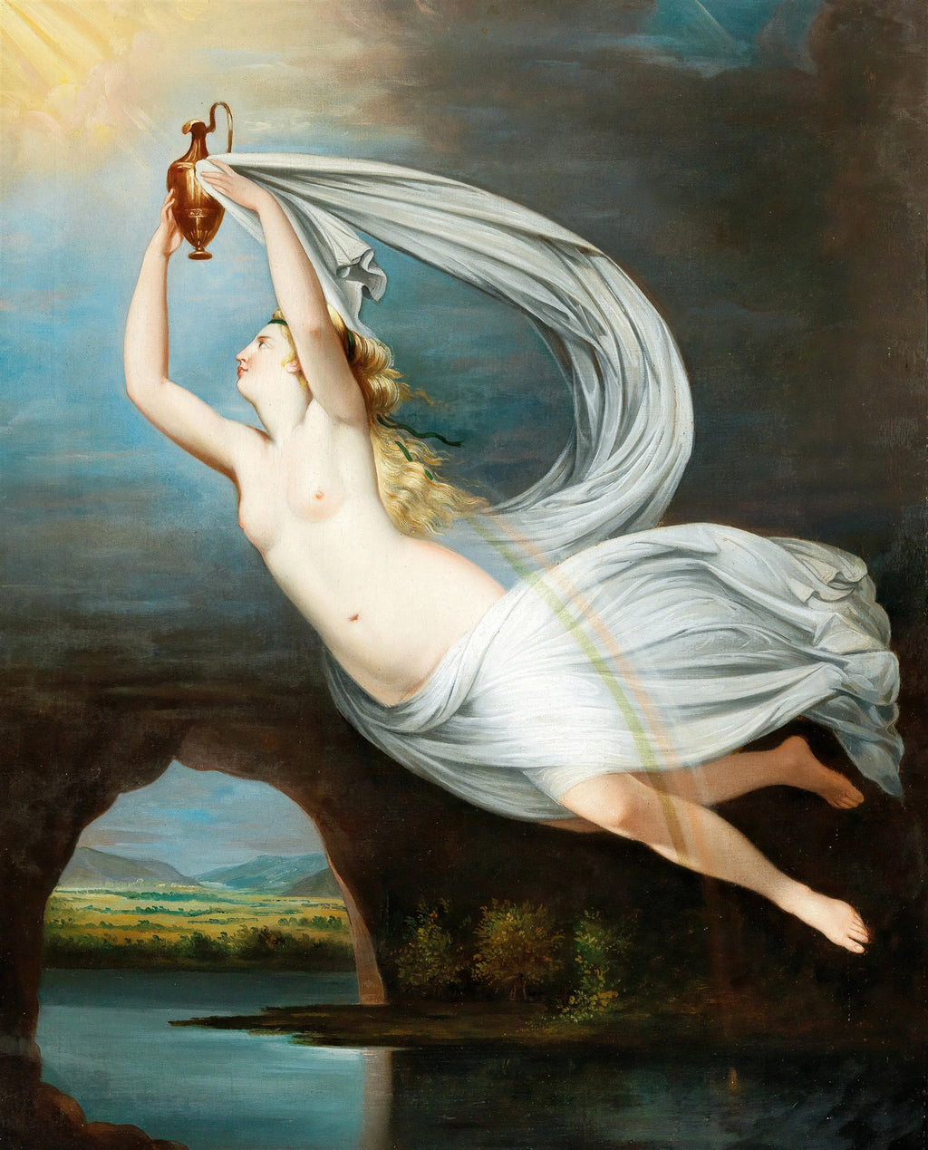 Quadro decorativo "Aurora" de Anne-Louis Girodet, retratando uma figura feminina nua, com véus brancos esvoaçantes, derramando luz de um jarro sobre uma paisagem com lago e gruta, em tons de azul e marrom.