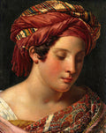 Retrato de uma jovem mulher com turbante vermelho e xale estampado, olhos fechados em contemplação. Atribuído a Anne-Louis Girodet.