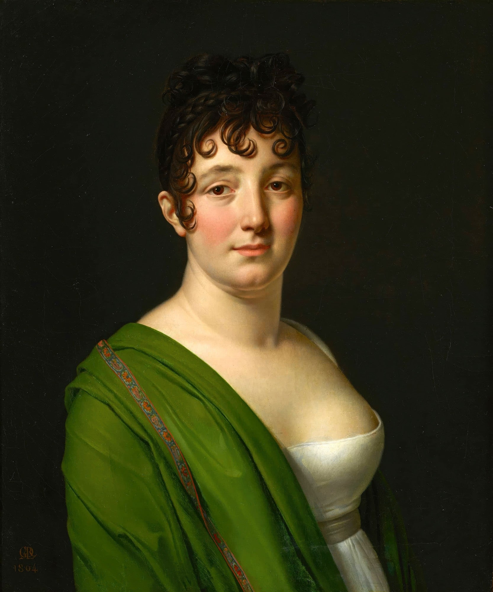 Retrato de Madame Récamier, obra de Anne-Louis Girodet, mulher de cabelos escuros e cacheados, com vestido branco e manto verde, sobre fundo escuro.