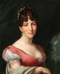Retrato de uma mulher jovem, com cabelo castanho escuro e encaracolado adornado com pérolas, vestindo um vestido rosa com detalhes brancos e dourados, em um fundo escuro com elementos de paisagem verde.