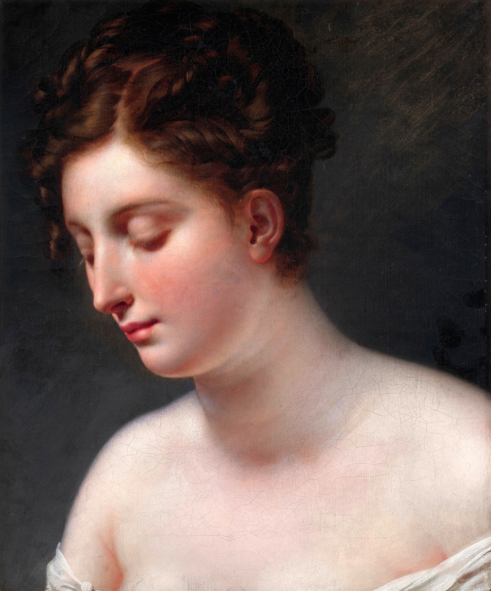 Retrato em óleo de uma mulher jovem, de perfil, com os olhos fechados e cabelos castanhos, atribuída a Anne-Louis Girodet.