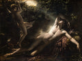 Quadro decorativo "O Sono de Endimião" de Anne-Louis Girodet, retratando o jovem nu Endimião adormecido sob a luz da lua, com Cupido e folhagens ao redor. Tons escuros e claros.