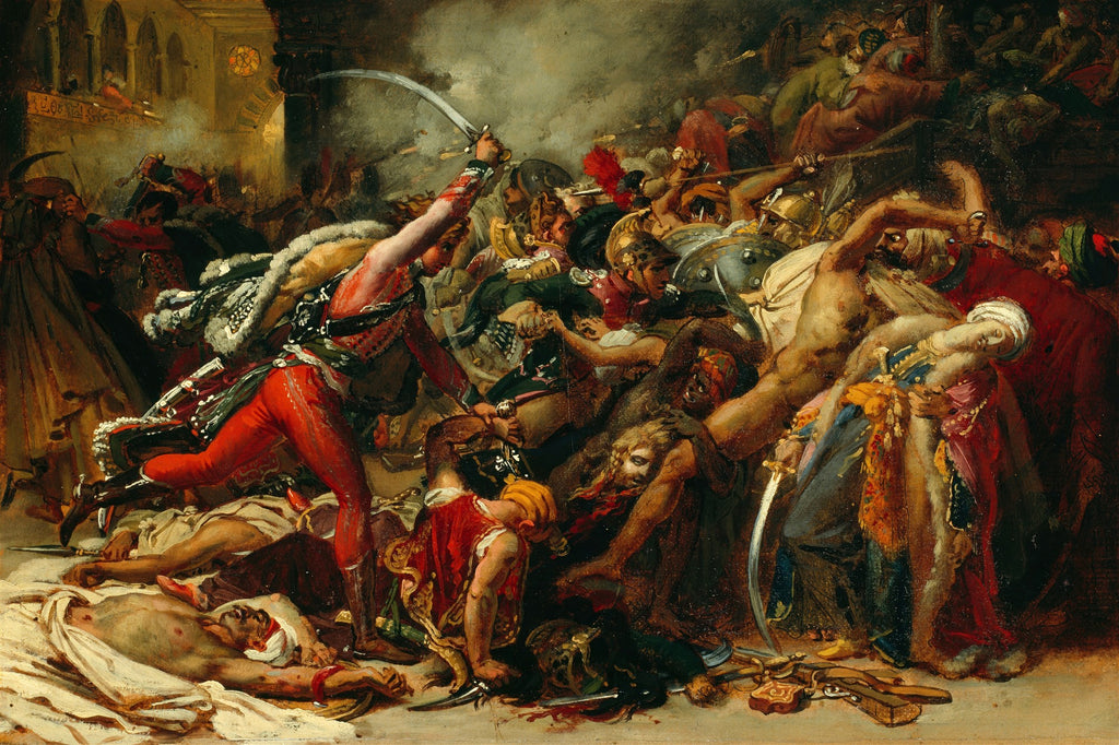 Quadro decorativo "A Revolta do Cairo" de Anne-Louis Girodet, mostrando uma cena de batalha caótica e dramática com soldados e civis em combate, com corpos caídos e espadas em ação. A pintura é rica em detalhes e cores vibrantes, com predominância de tons terrosos, vermelhos e azuis escuros.