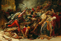 Quadro decorativo "A Revolta do Cairo" de Anne-Louis Girodet, mostrando uma cena de batalha caótica e dramática com soldados e civis em combate, com corpos caídos e espadas em ação. A pintura é rica em detalhes e cores vibrantes, com predominância de tons terrosos, vermelhos e azuis escuros.