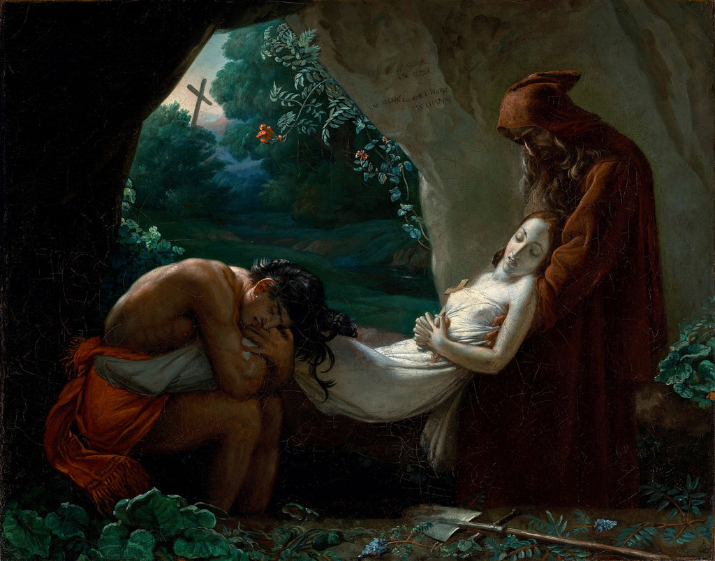 Quadro "O Enterro de Atala" de Anne-Louis Girodet, mostrando um homem indígena e um eremita lamentando sobre o corpo de uma mulher em uma caverna escura, com uma cruz ao fundo, simbolizando luto e fé.