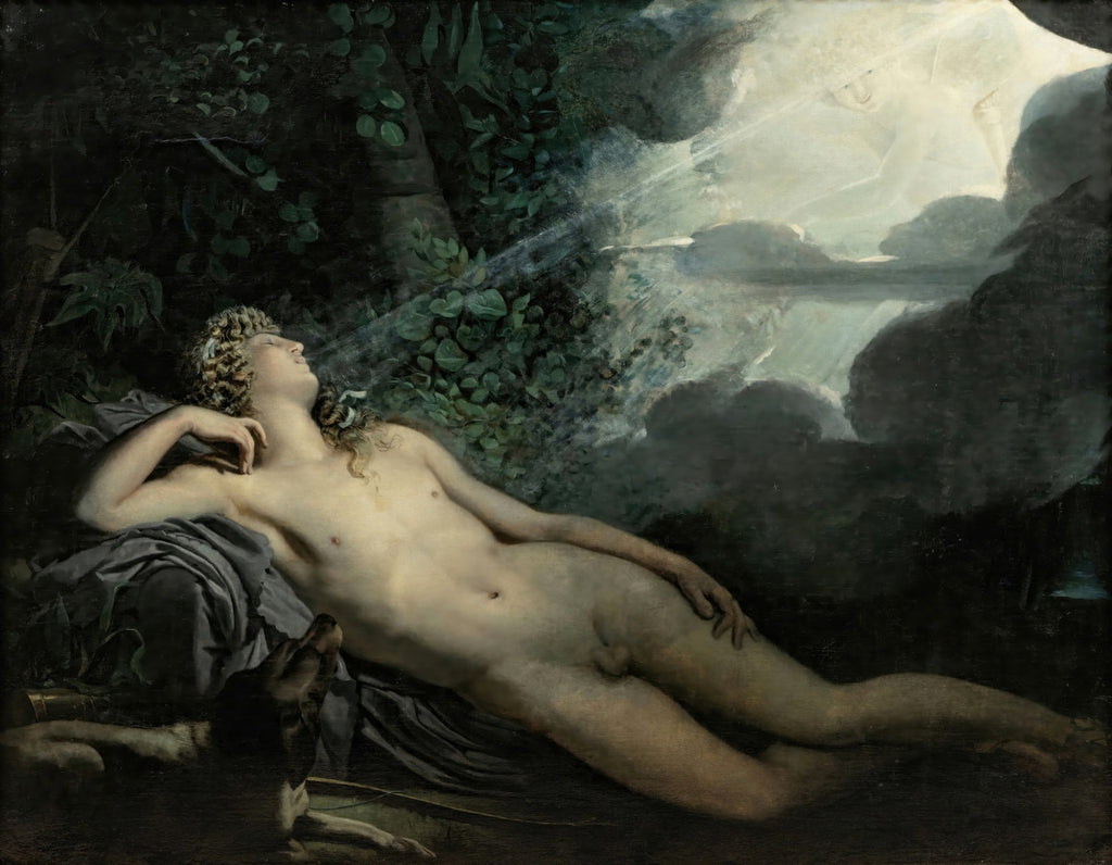 Pintura a óleo de Anne-Louis Girodet, 'O Sono de Endimião', retratando um jovem nu adormecido em uma floresta escura, iluminado por um feixe de luz divina vindo do céu, com um cachorro de caça ao lado. A luz atravessa nuvens, revelando uma figura celestial. A paleta é predominantemente escura com contrastes de luz clara na pele do jovem e no céu.