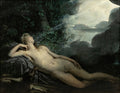 Pintura a óleo de Anne-Louis Girodet, 'O Sono de Endimião', retratando um jovem nu adormecido em uma floresta escura, iluminado por um feixe de luz divina vindo do céu, com um cachorro de caça ao lado. A luz atravessa nuvens, revelando uma figura celestial. A paleta é predominantemente escura com contrastes de luz clara na pele do jovem e no céu.