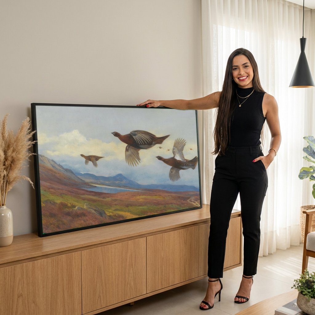 Quadro Decorativo Aves em Voo no Pântano - Thorburn com modelo em ambiente