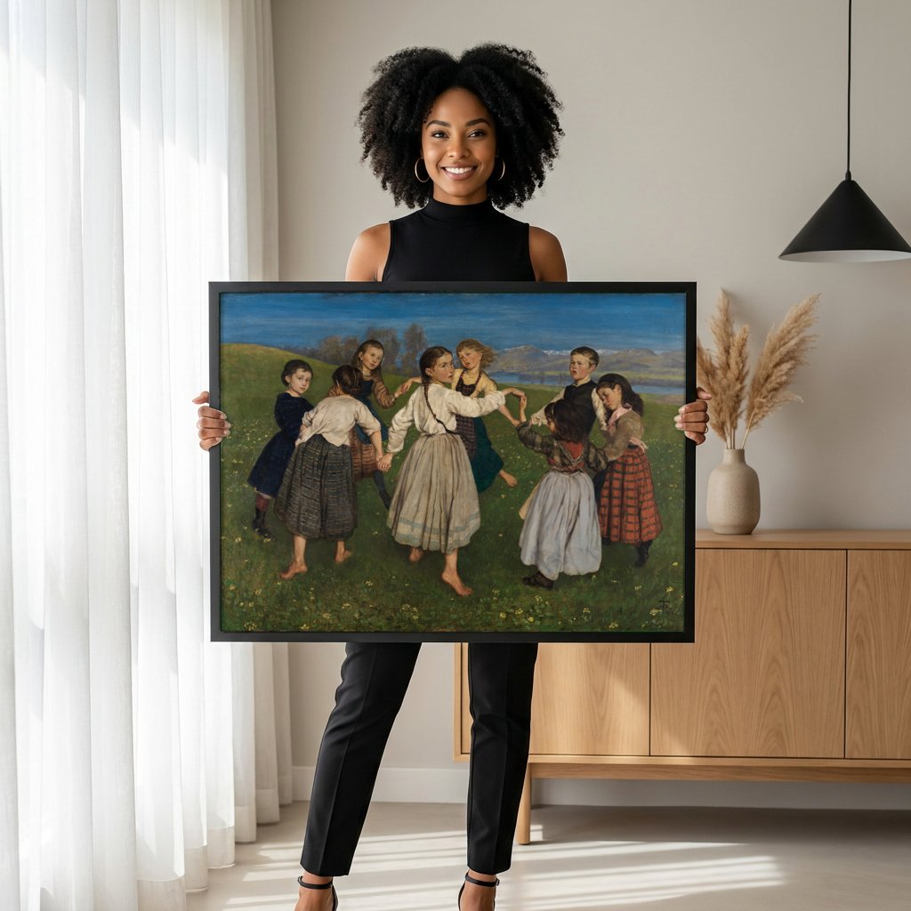 Quadro Decorativo Crianças Dançando - Hans Thoma com modelo em ambiente
