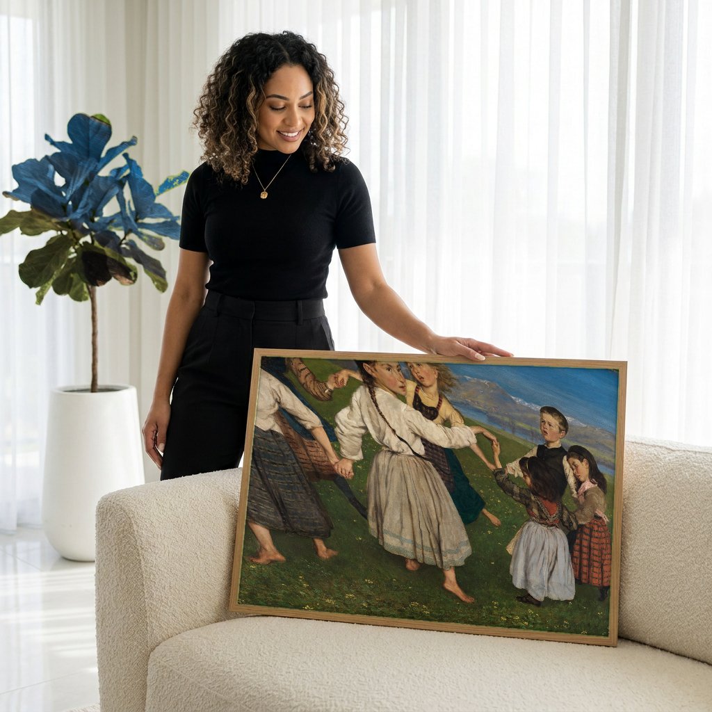 Quadro Decorativo Crianças Dançando - Hans Thoma com modelo em ambiente