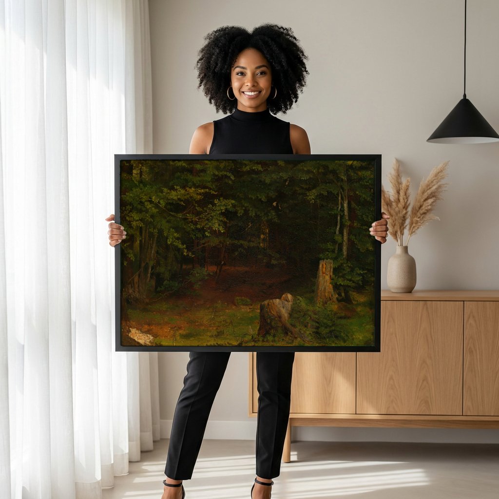 Quadro Decorativo Floresta Profunda - Hans Thoma com modelo em ambiente
