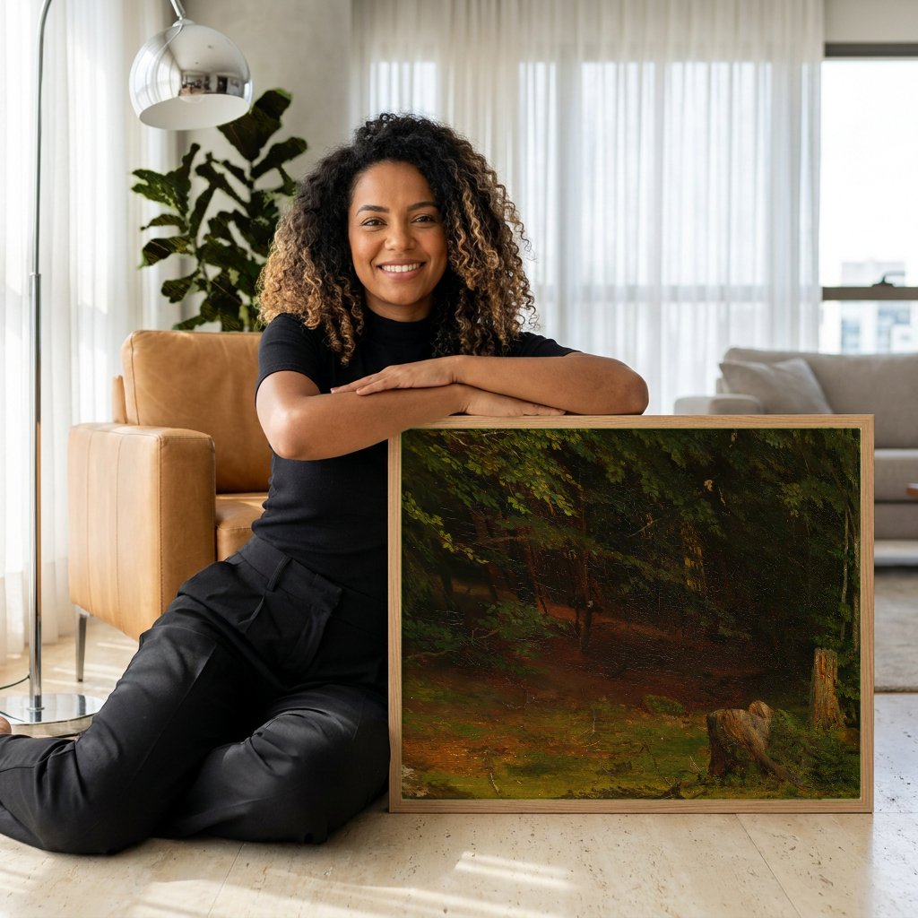 Quadro Decorativo Floresta Profunda - Hans Thoma com modelo em ambiente
