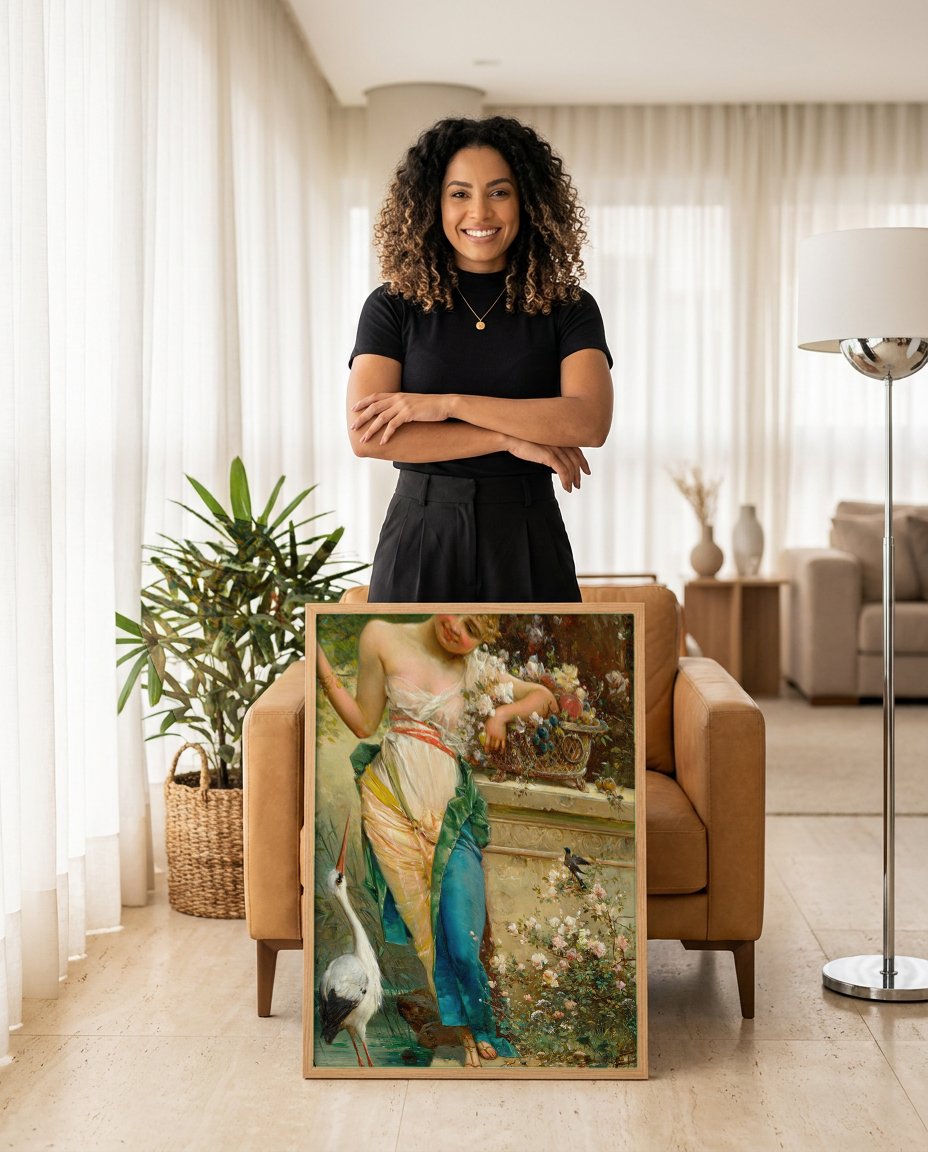 Quadro Decorativo A Ninfa e a Garça - Hans Zatzka com modelo em ambiente