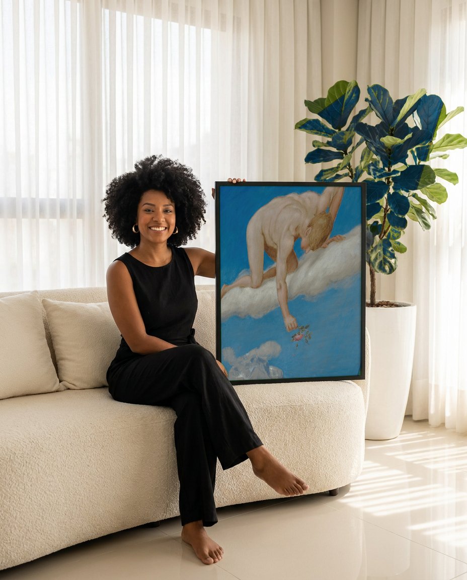 Quadro Decorativo A Oferta de Rosa - Hans Thoma com modelo em ambiente